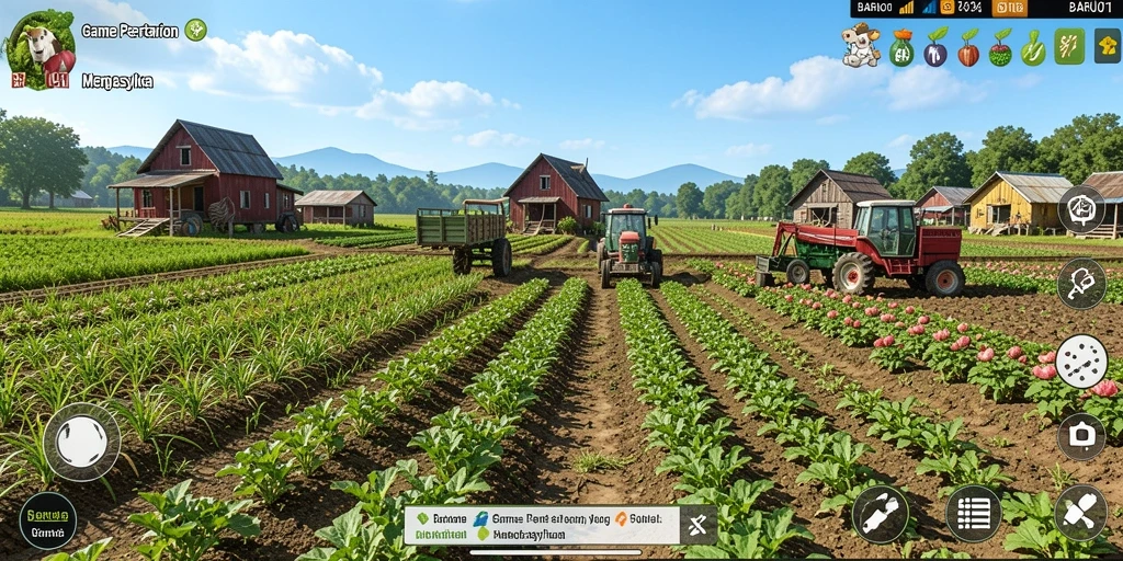 Tampilan gameplay <strong>BARU01</strong> dengan ladang yang subur dan tanaman yang tumbuh.