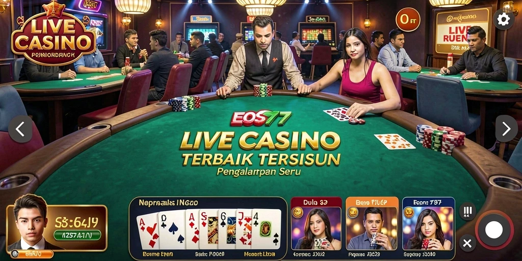Screenshot gameplay EOS77 menampilkan dealer langsung dalam aksi.