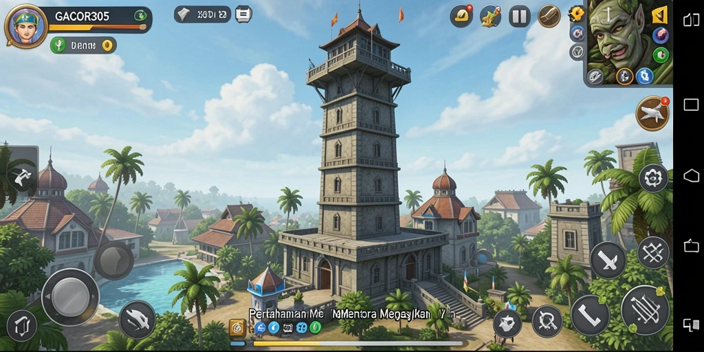 Screenshot gameplay GACOR305 dengan menara bertahan dalam aksi.