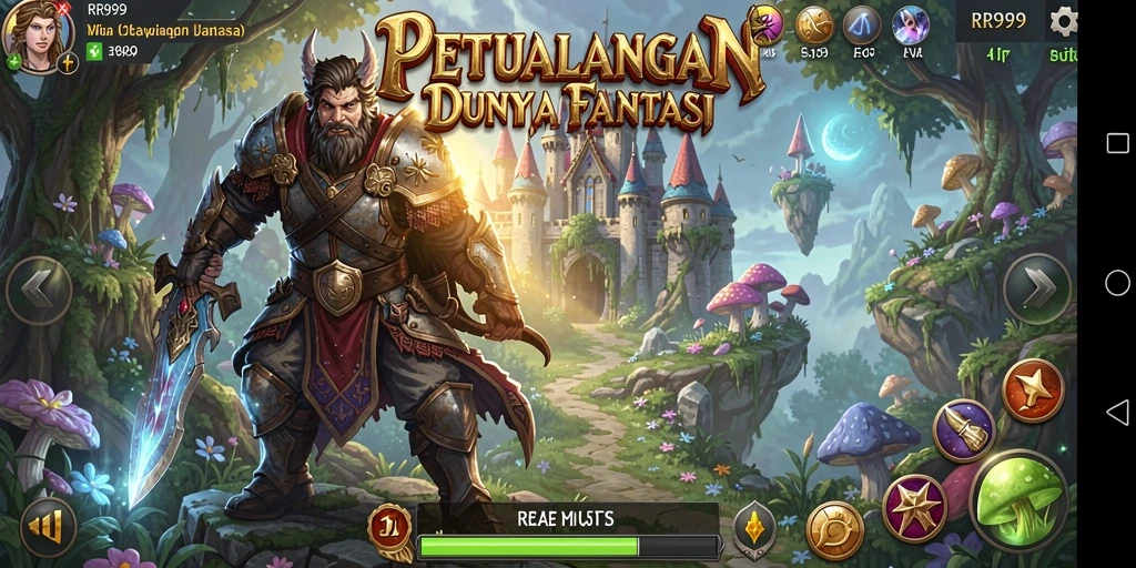 Tampilan utama gameplay yang menampilkan karakter bertarung di dunia fantasi.